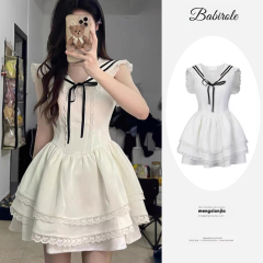 College style navy collar pure white dress summer sweet pure three-layer skirt lace puffy short skirt women