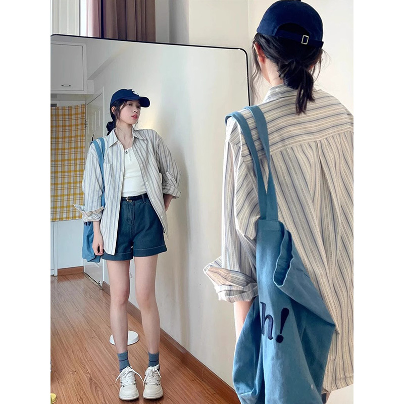 Korean version of versatile simple spring and autumn commuting striped shirt for women POLO collar shirt loose casual top long sleeve jacket
