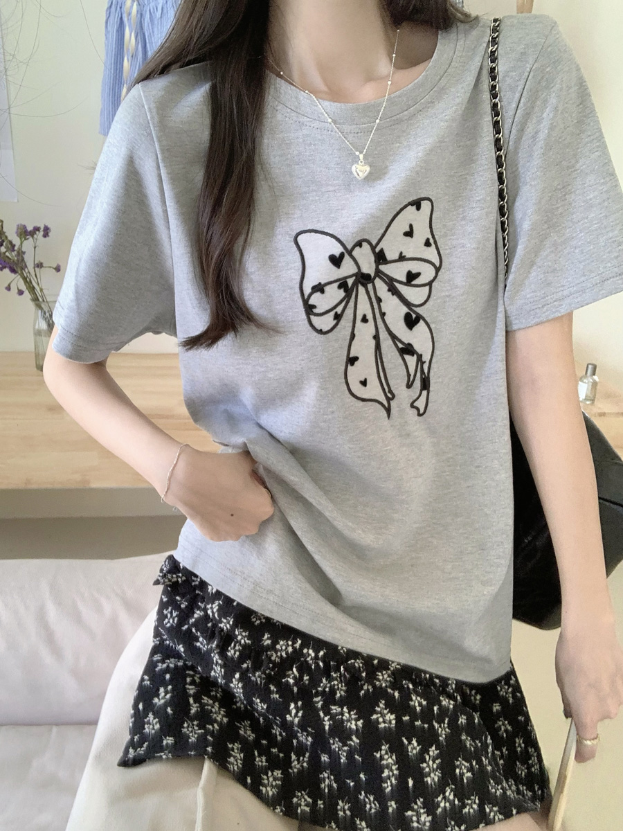 Real photo of pure cotton age-reducing sweet love bow patch short-sleeved T-shirt for women loose slimming base top