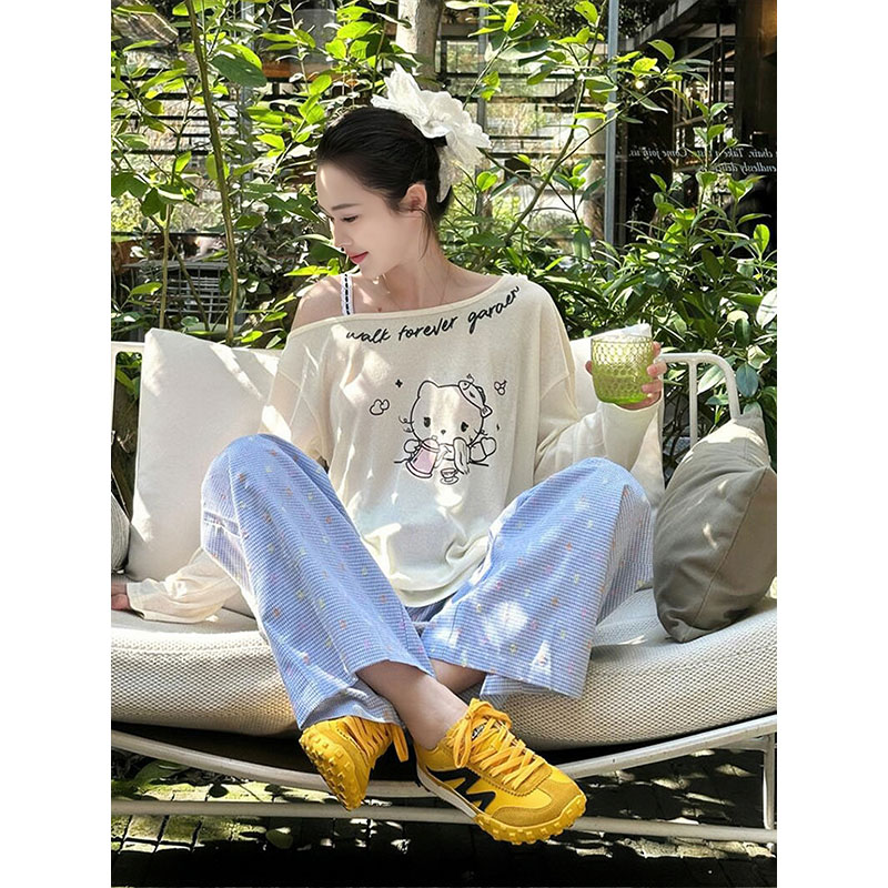 Original fabric American lazy style long-sleeved T-shirt for women new cartoon printed loose casual top