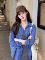 Original woven plaid blue checked Polo collar shirt jacket for women spring and autumn loose long-sleeved shirt