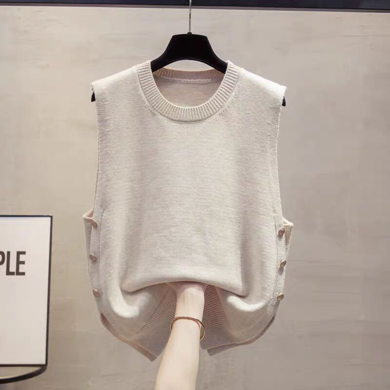 Design-sensing round neck vest knitted vest for women, casual and slit fashionable sleeveless sweater for women
