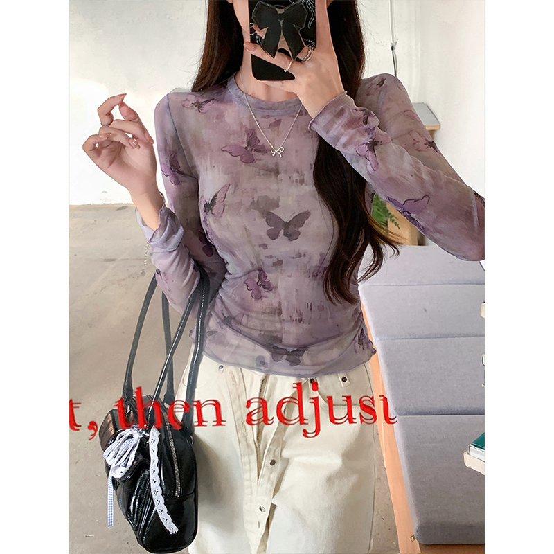 Real shot~Mesh base shirt for women in spring and summer long-sleeved T-shirt printed purple round neck thin versatile blouse tie-dyed top