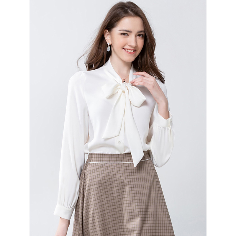 White long-sleeved top French temperament light-climbing style slim and chic spring and autumn design stand-up collar tie-fitting shirt
