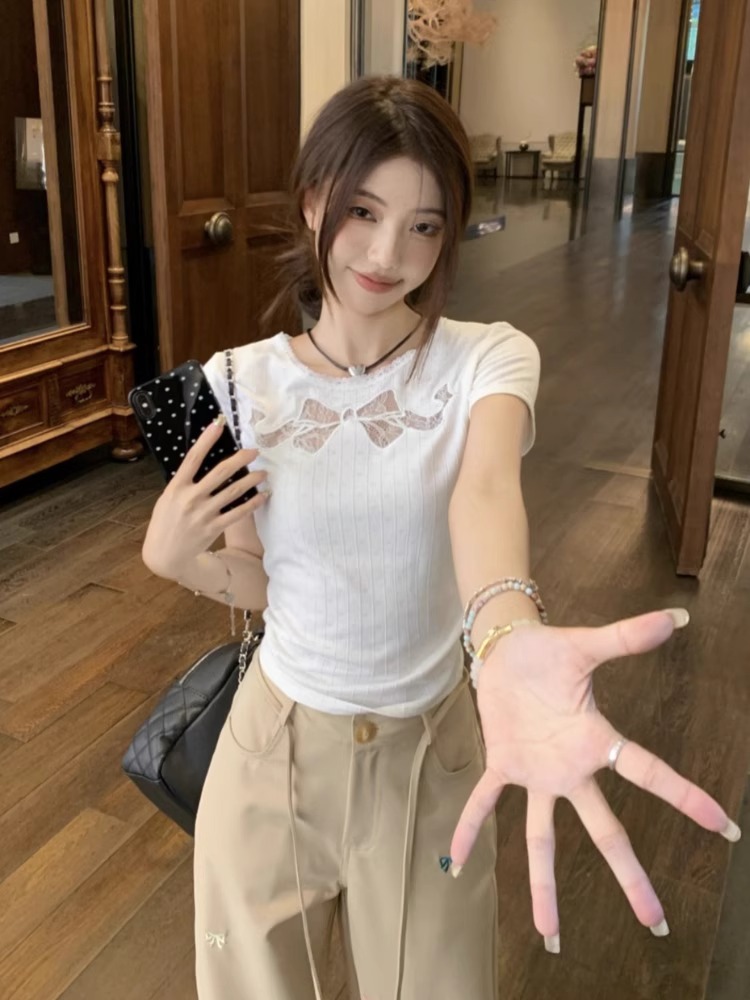 Lace hollow bow black short-sleeved shoulder T-shirt for women's summer design slim and slim short hot girl top