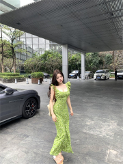 Real shot~The Wizard of Oz green lace splicing suspender dress looks white with high waist long skirt