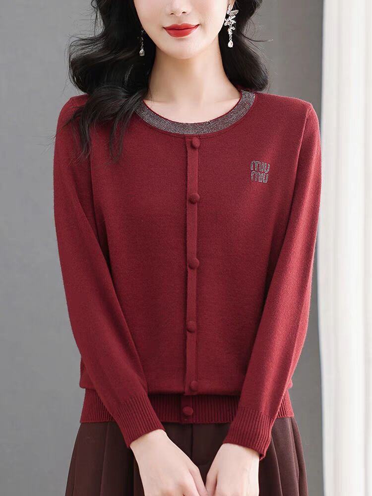 New round neck sweater for women with loose large-size neckline ironing diamond top base knitted sweater