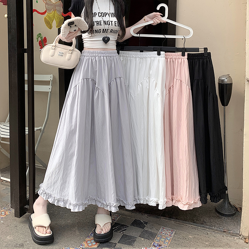 Real shot Korean gentle style spliced ​​black ear skirt makes you look slim and covers the straddle A-line cake long skirt umbrella skirt