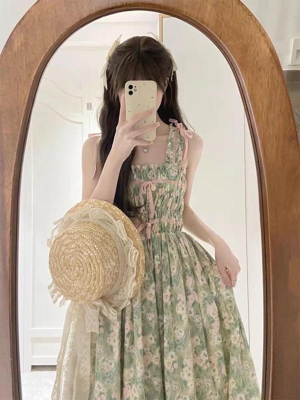 Skirt for women summer tea break princess fairy floral chiffon green suspender skirt gentle long skirt French dress