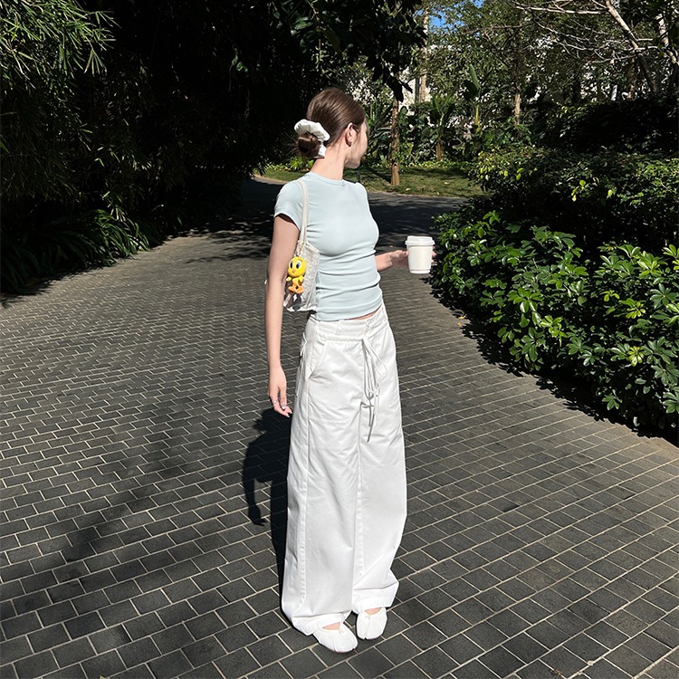 Suit waist #retro fake placket strap drawstring wide-leg umbrella pants for women in summer new straight-leg pants
