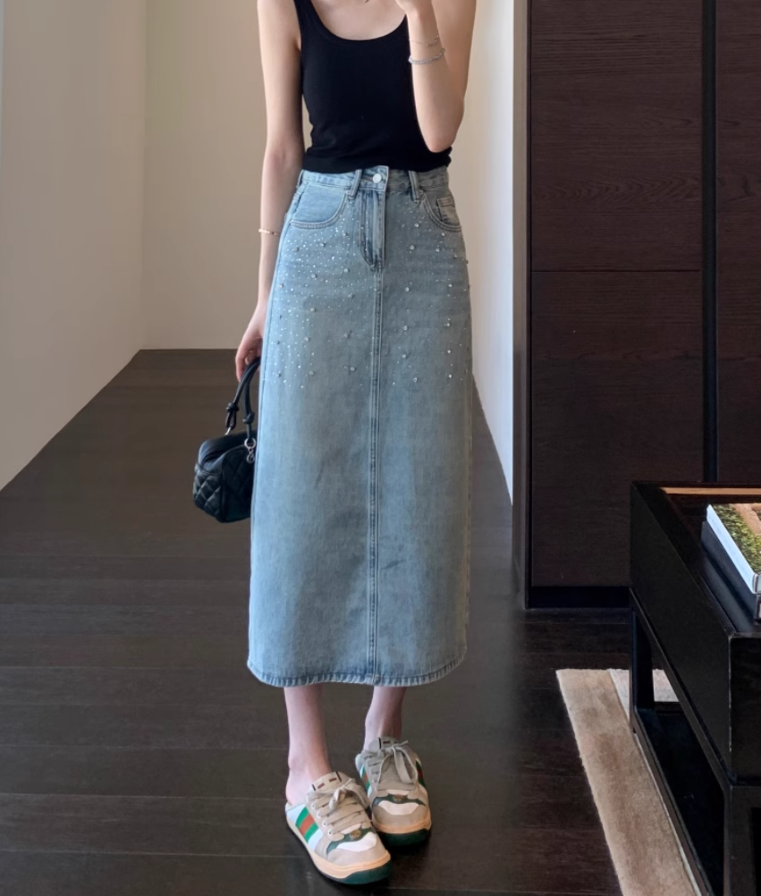 AMR UU◆High-end-looking iron diamonds, long legs, denim skirt, high waist, A-line slit long skirt for women, new spring and summer style