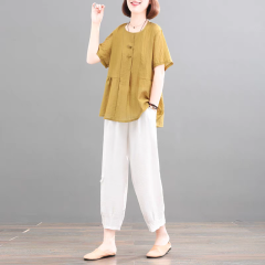 2025夏裝新款韓版大碼遮肉盤扣復古棉麻民族風女裝套裝