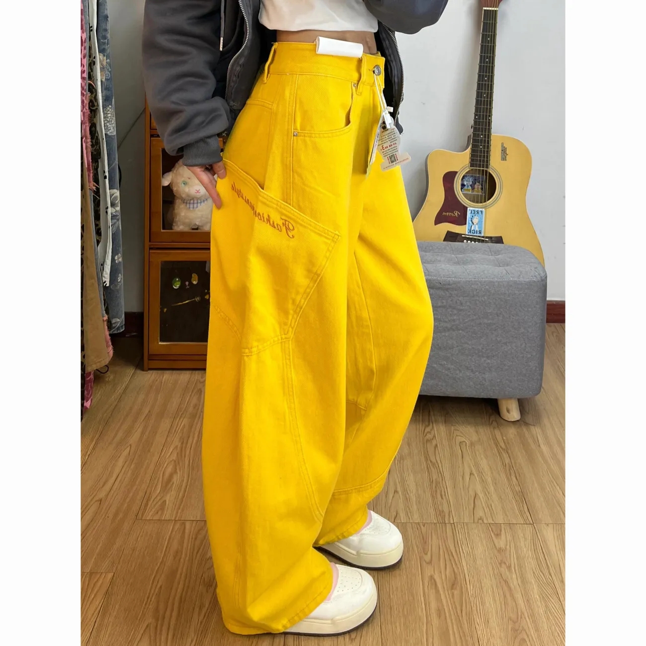 Embroidered wide-leg jeans for women in spring and autumn new high-waisted slim splicing design loose and slim floor