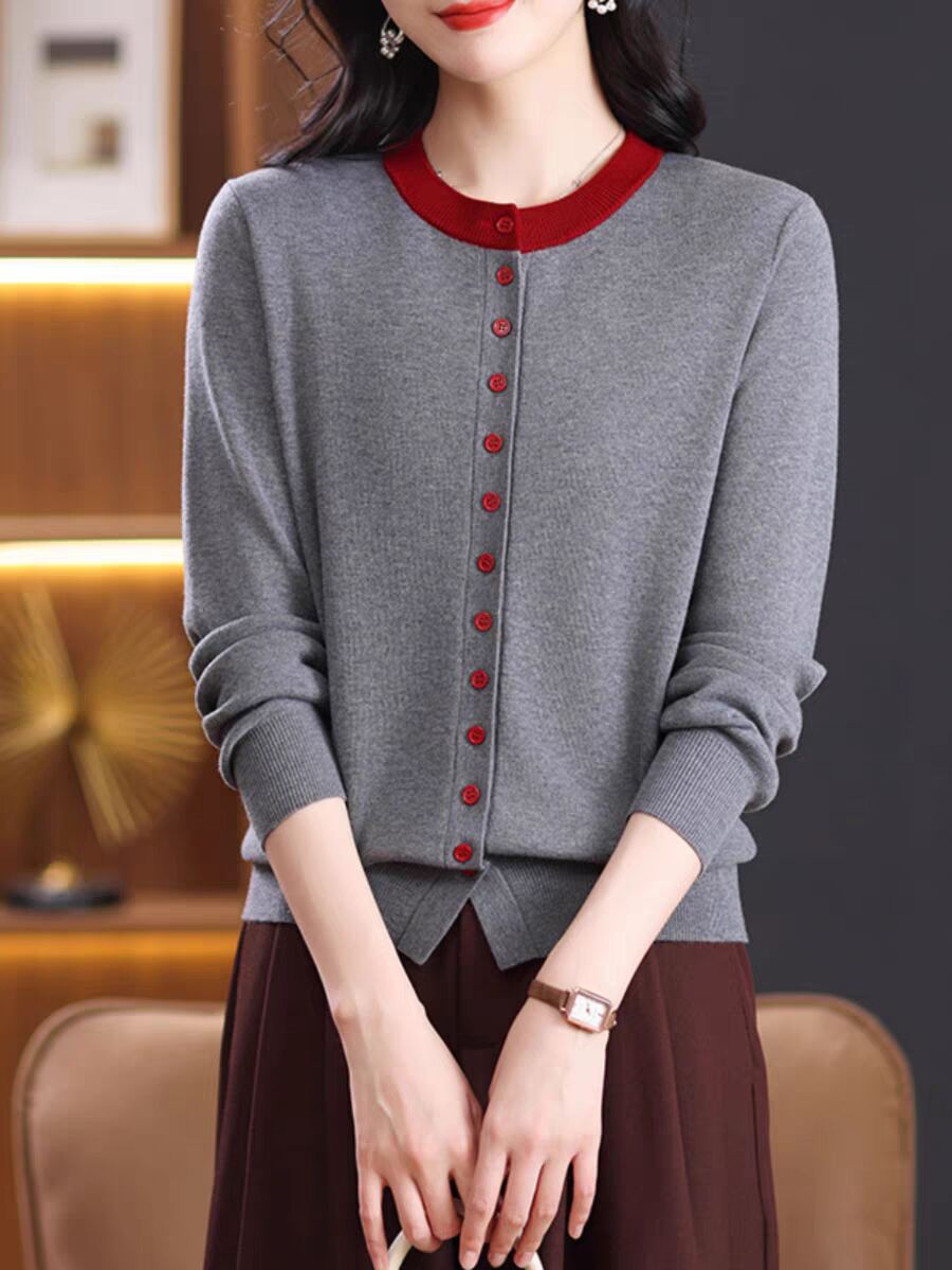 Sweater cardigan for women Spring and Autumn 2025 new fashionable round neck jacket color-blocking sweater thin outer layer