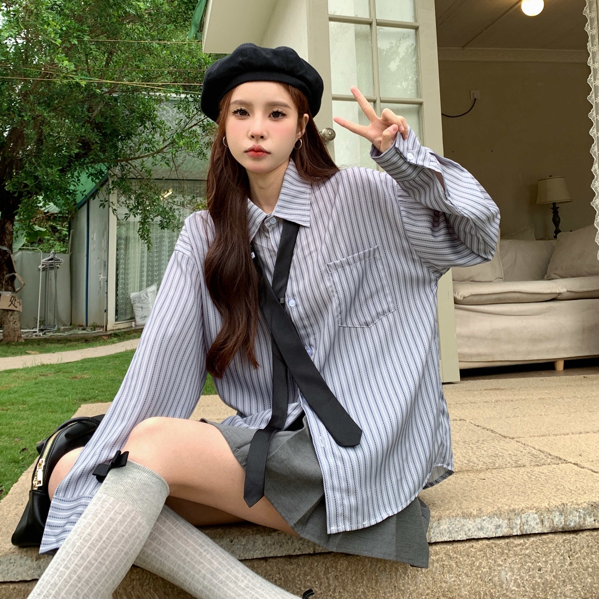 Real photos give tie spring and summer retro striped shirt women's college style loose casual shirt ins