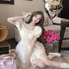French coffee break square collar dress for women in summer small super fairy princess sweet waist fluffy cake skirt for women in summer