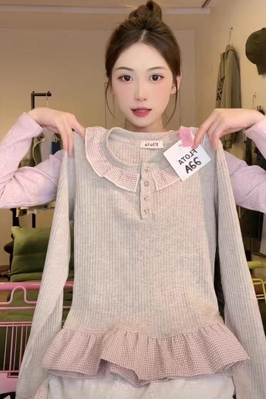 Original workmanship Korean button plaid doll collar long sleeves for women with high-end sense of black ears splicing fake two-piece clothes