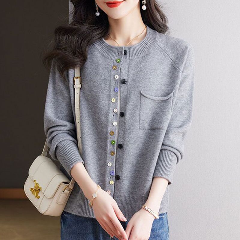 Round neck color button knitted cardigan spring and autumn new loose fashion long-sleeved sweater jacket fashionable top for women