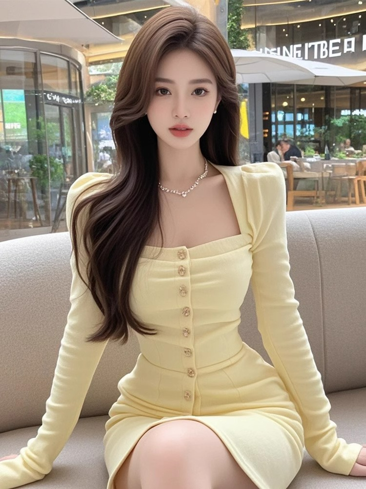 Temperamental lady style square collar single-breasted long-sleeved dress for women with light luxury high-end style celebrity waist-hugging and slimming hip skirt