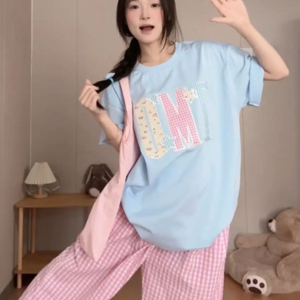 Applique embroidered pure cotton 220 grams ribbed collar short-sleeved T-shirt for women