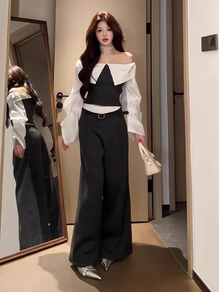 Off-shoulder one-shoulder design shirt, long-sleeved slim top, wide-leg suit pants, straight trousers, 2025