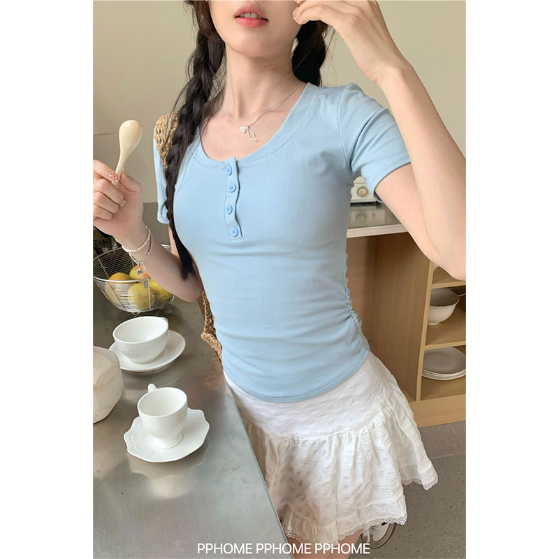 Pure desire straight shoulder round neck short-sleeved T-shirt women's new summer pleated slim fit slim waist-hugging top