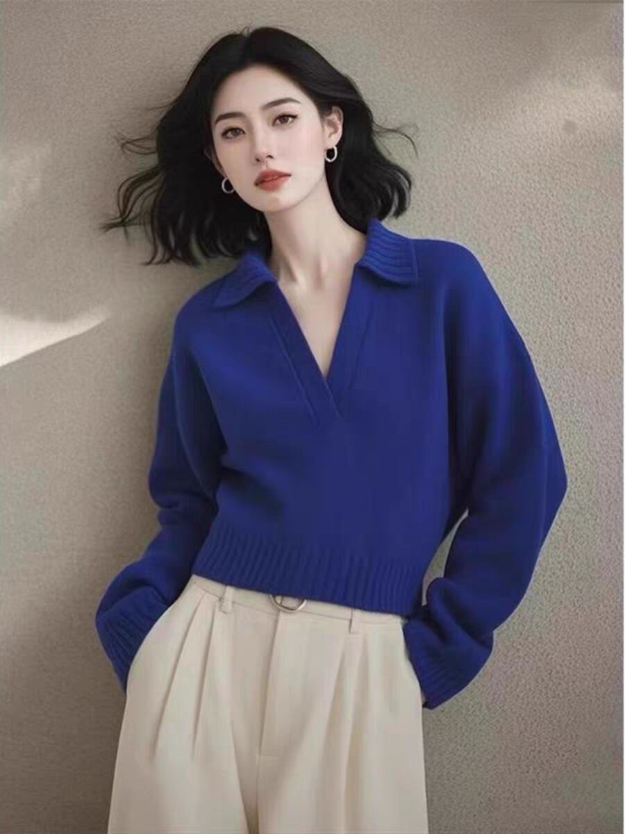 French high-end sense half-open collar blue sweater for women new fashion Klein blue top long sleeve knitted sweater
