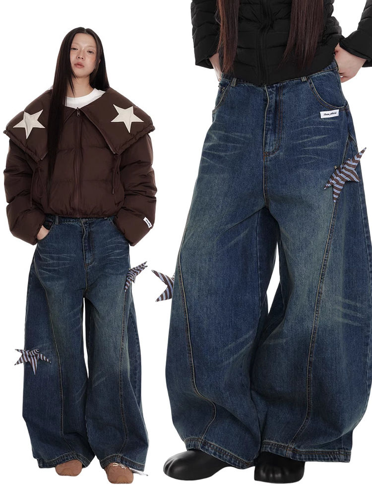 American heavy industry design sense star washing scimitar wide-leg jeans for women in spring and autumn loose slim straight pants