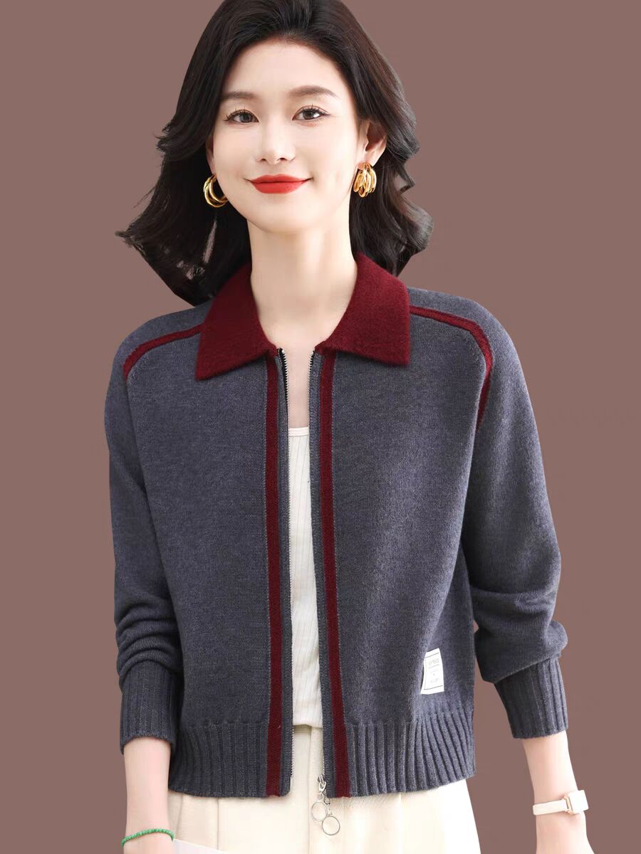 Xiaoxiang style contrast sweater jacket for women's spring and autumn new lapel knitted cardigan jacket zipper top