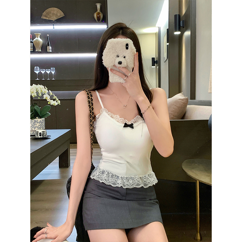Real shot - Sweet hot girl lace bow suspender vest summer age-reducing with chest pad short inner top