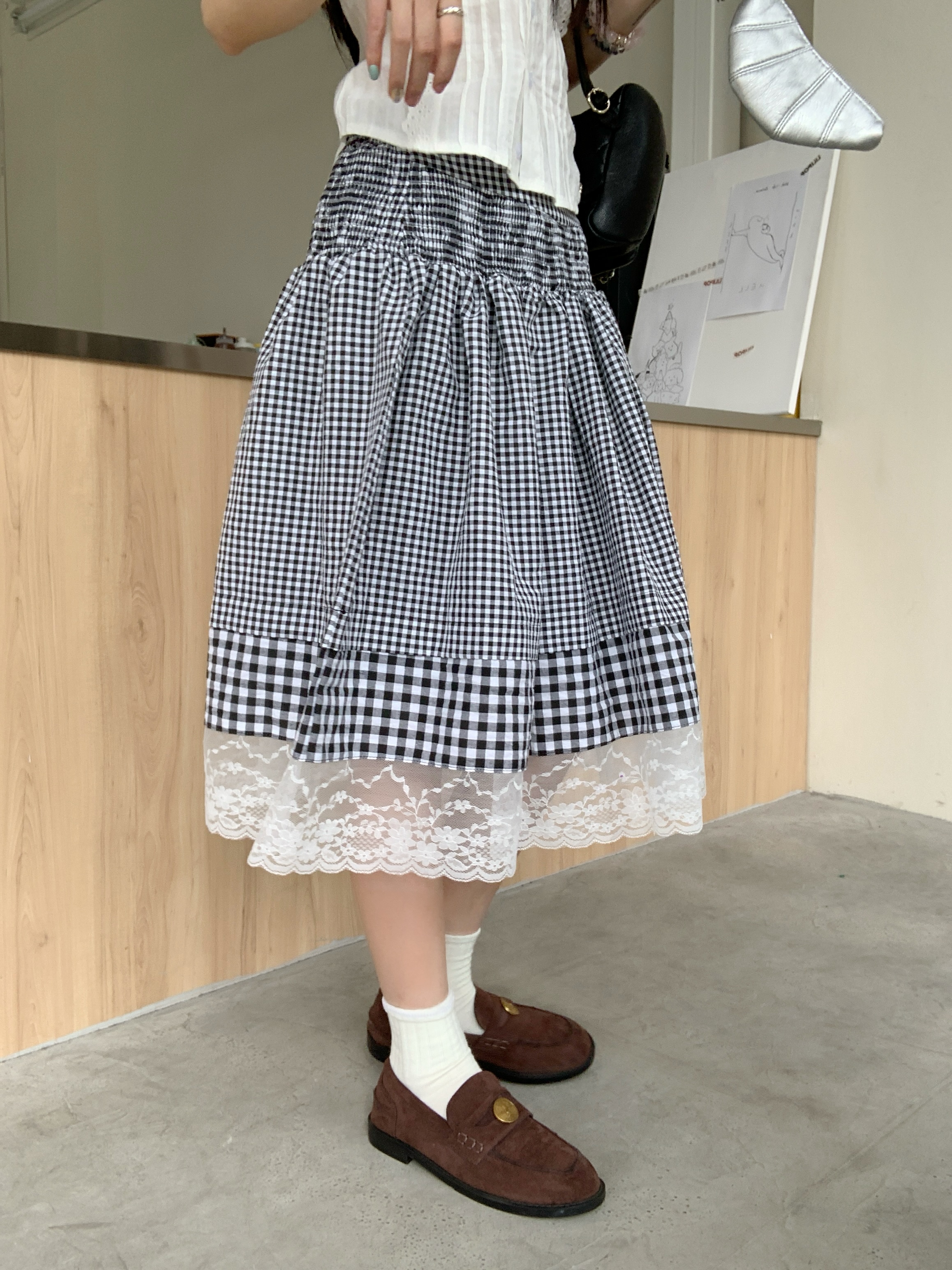 Real shot~Sweet and literary lace lace high waist A-line plaid skirt