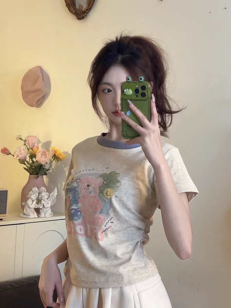 Pure cotton printed contrasting short-sleeved T-shirt for women