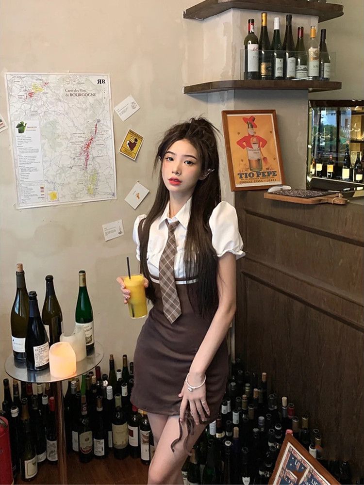 American style college style design strap fake two-piece dress summer 2025 pure sweet and spicy jk suit skirt women