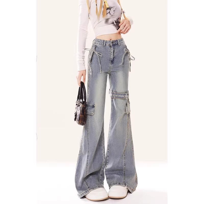 Design-sensing belt splicing tooling micro-flare jeans for women 2025 new high-waist slim fit horseshoe pants