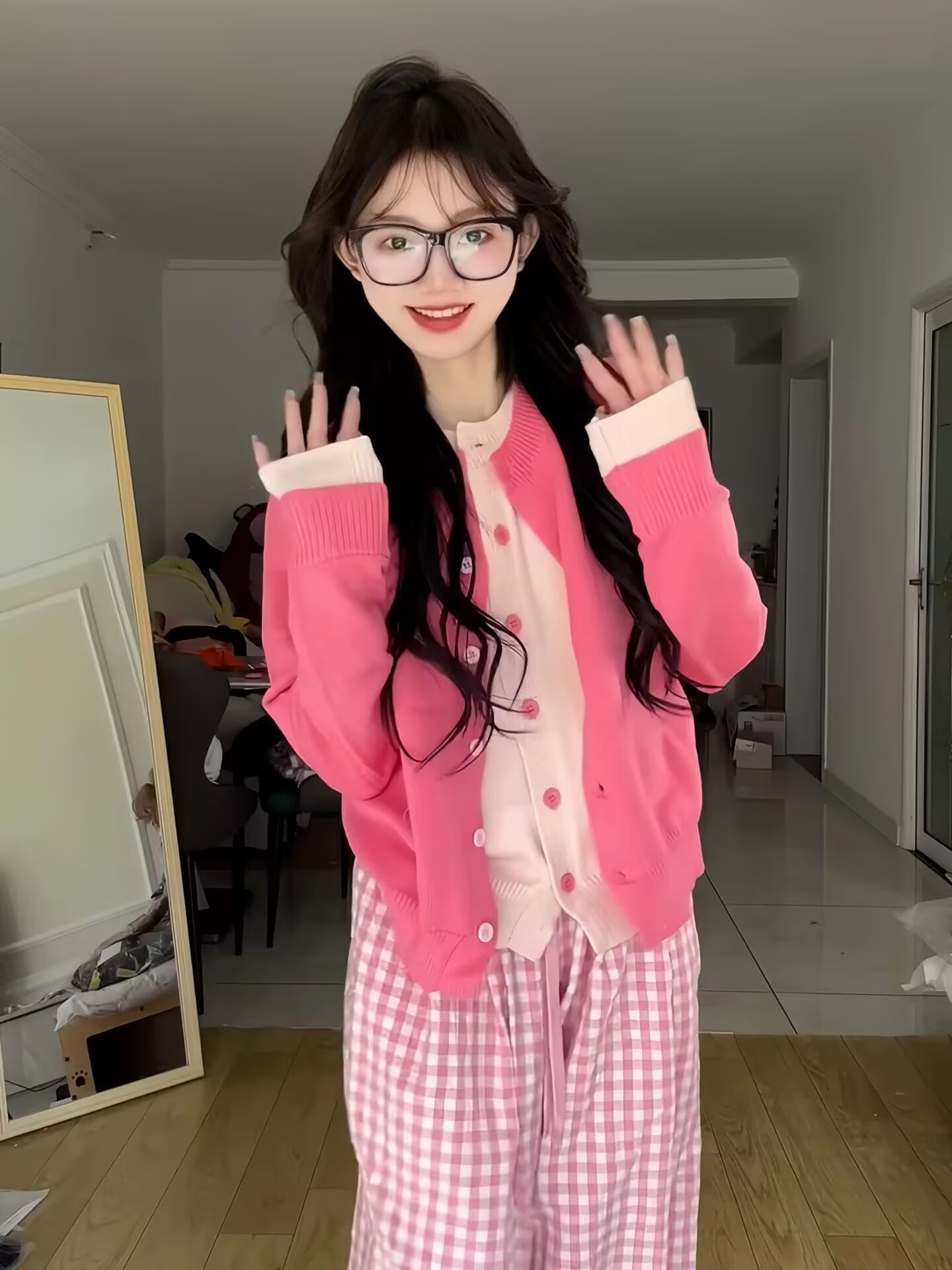 2025 spring new Korean style outfit color-blocking fake two-piece knitted sweater high-waisted plaid drawstring casual trousers