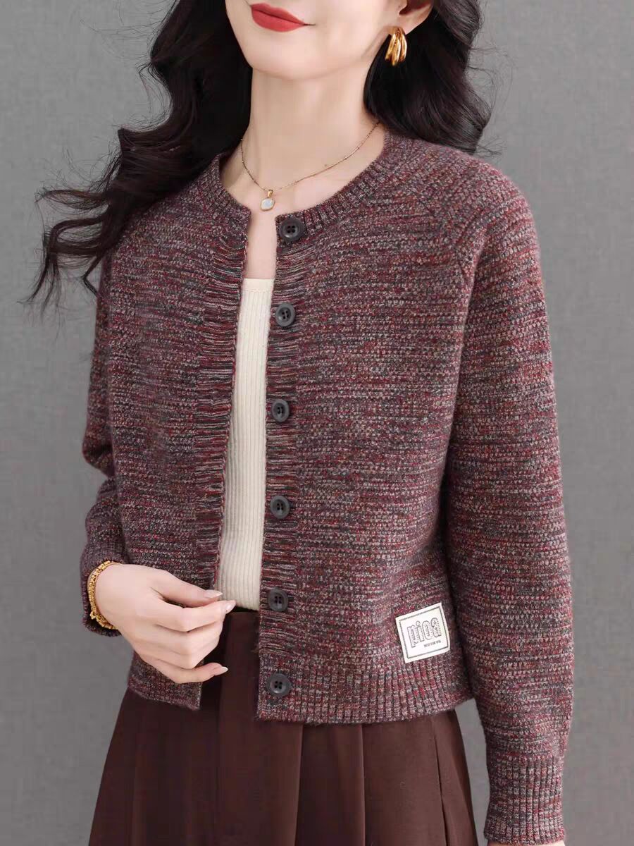 Short floral wool knitted cardigan for women in spring and autumn round neck small high-waisted fashionable sweater jacket