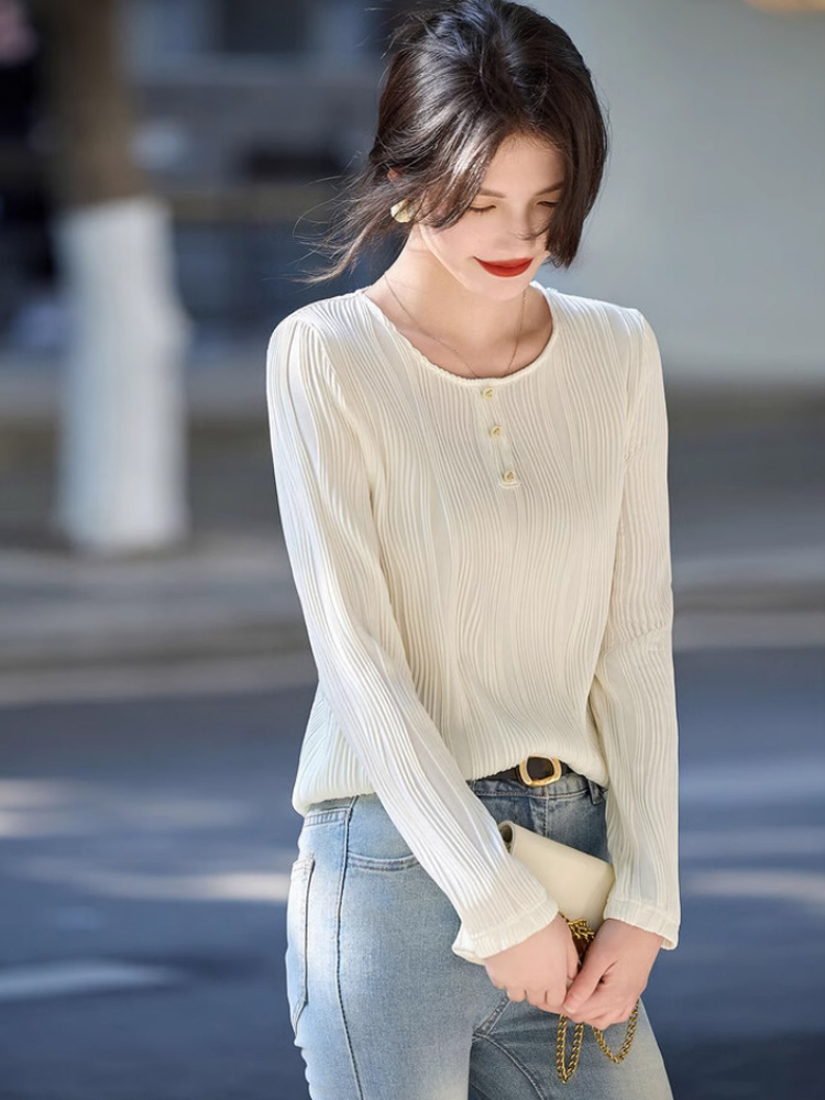 New spring and autumn texture long-sleeved shoulder T-shirt for women's chic French fashion top versatile slim shirt