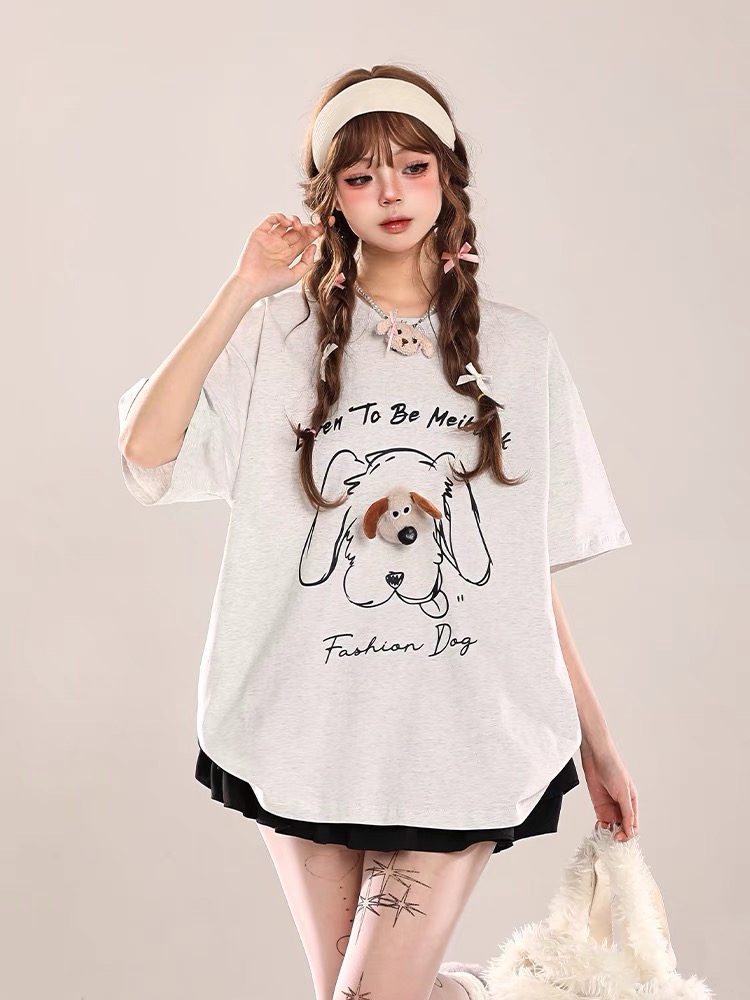 Pure cotton cartoon line puppy printed short-sleeved T-shirt for girls in summer 2025 new style