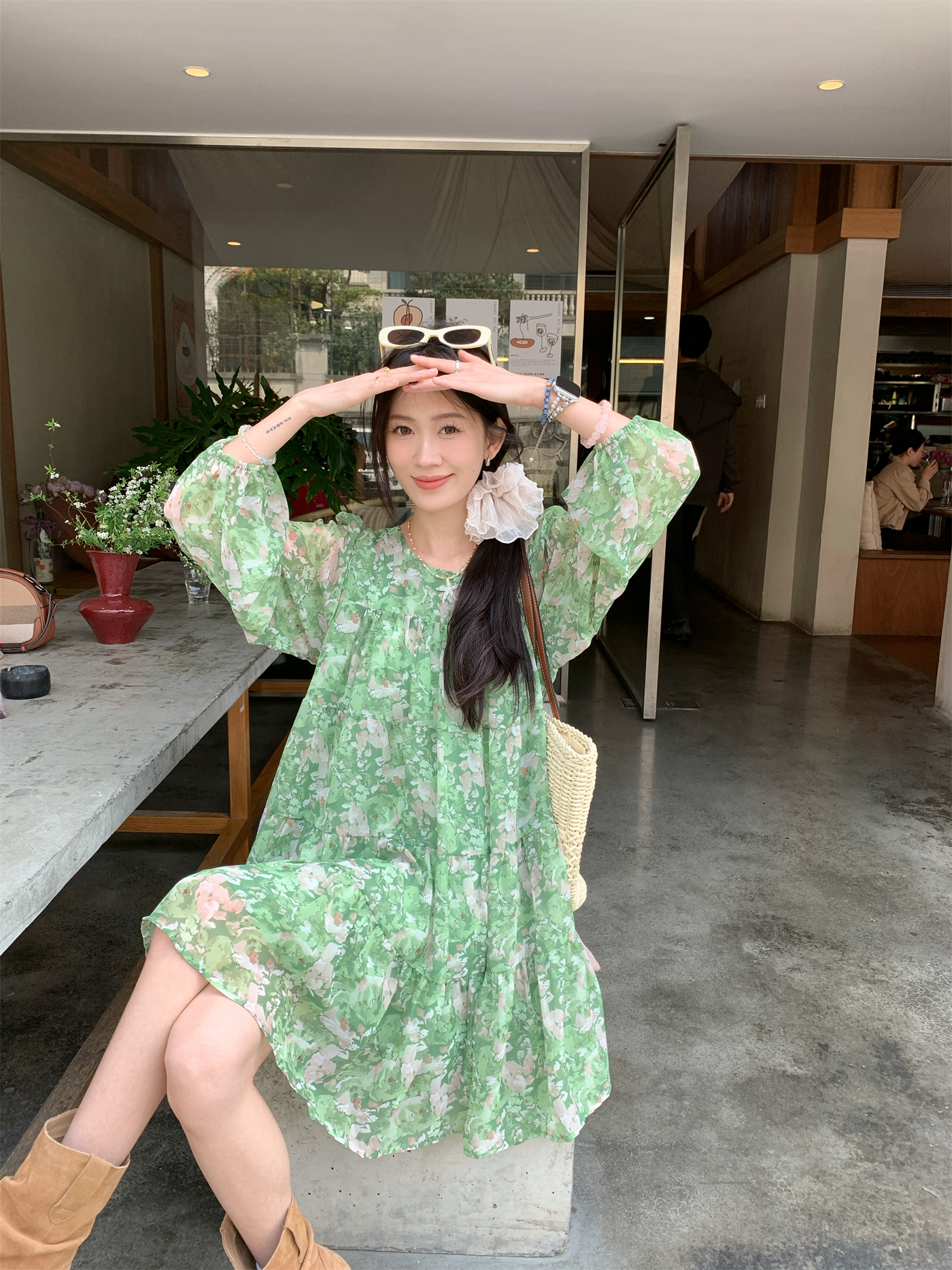 Real shot~Flower Wuchun and floral long-sleeved chiffon dress for women in spring loose puff sleeve cake skirt