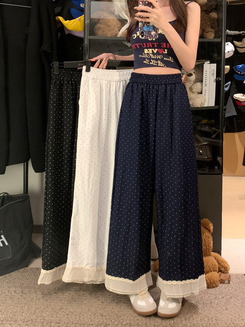 Real shot of the new spring and summer high-waist design, dotted spliced ​​lace trousers elastic waist versatile casual pants
