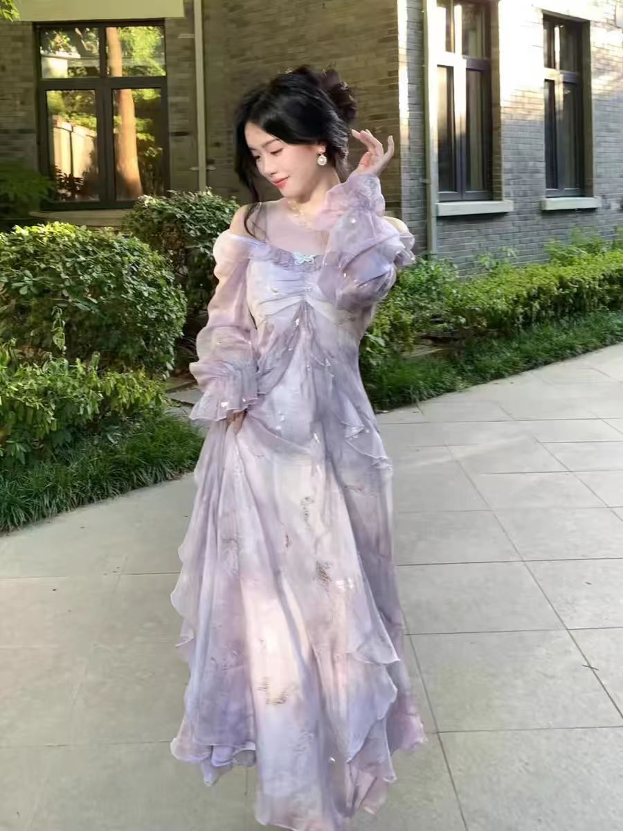 Temperament fairy purple smudge fairy butterfly gold-plated lotus leaf-edged long-sleeved dress