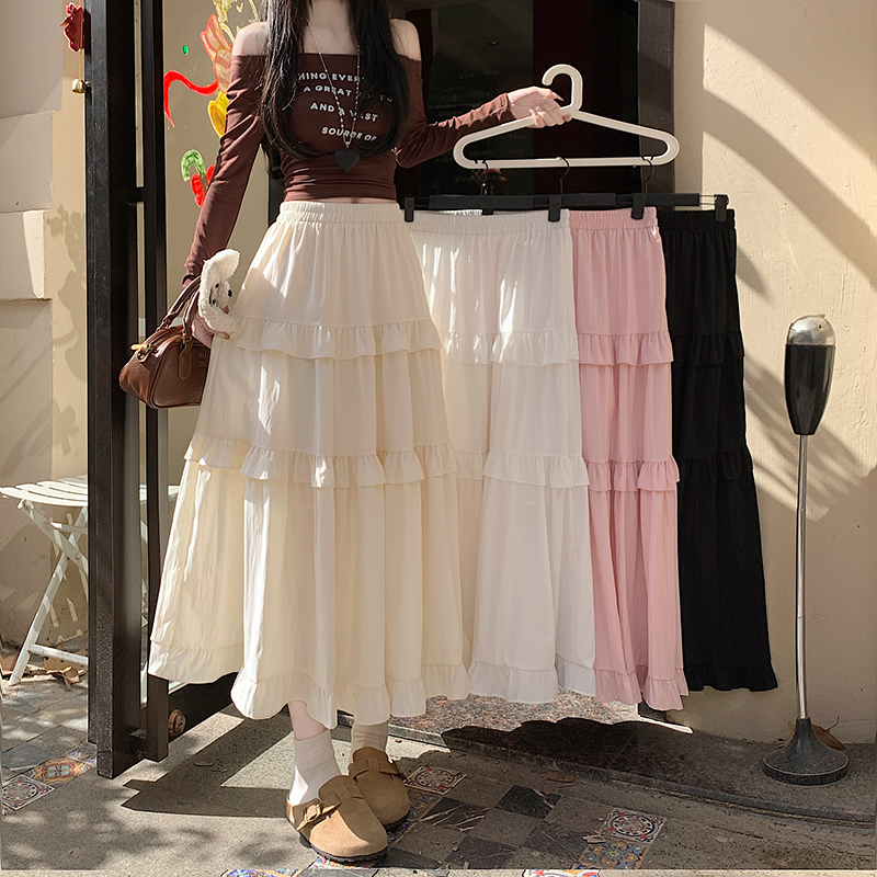 Real shot of spring and summer gentle wind, ruffled cake skirt, women's slim and drooping big sling skirt