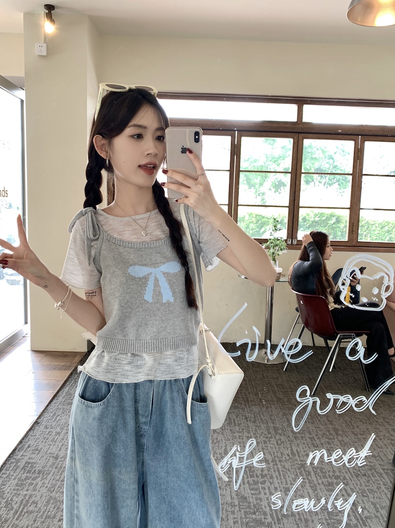 2025 summer new suit milk series cute knitted suspender vest vest thin T-shirt top for women ins to look thin