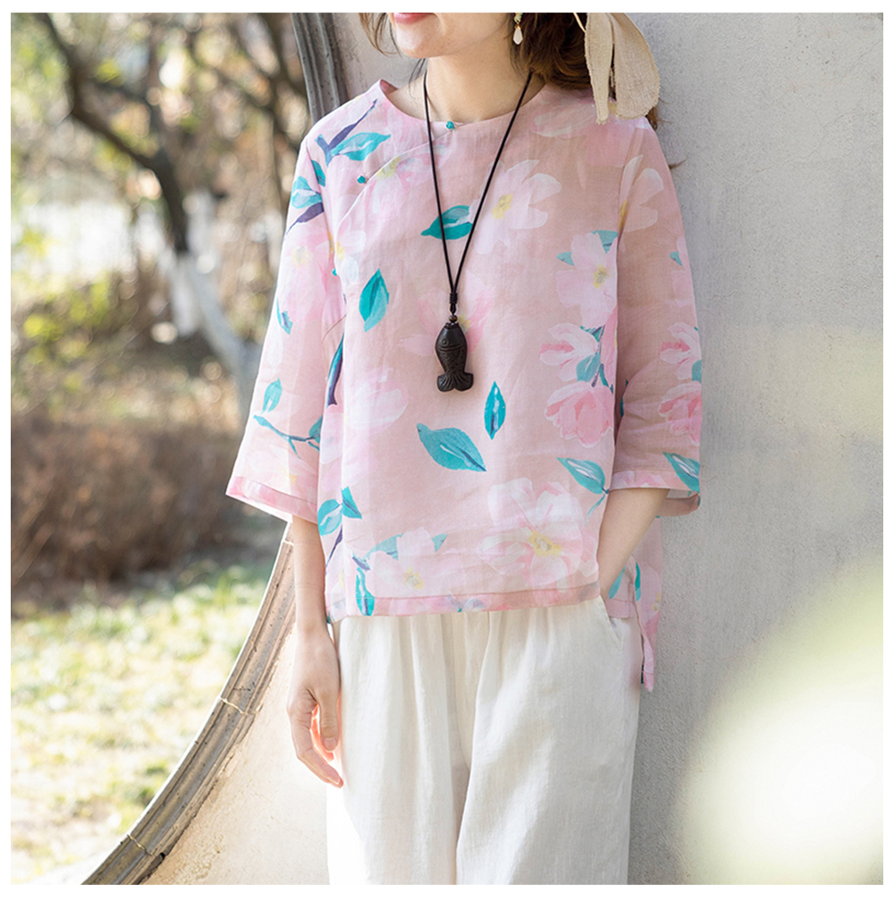 2025 new Chinese women's modified top design niche women's ramie gentle style round neck retro shirt