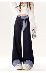 Natural and astringent early spring Korean lazy spliced ​​loose jeans for women with bow tie high waist wide-leg floor trousers