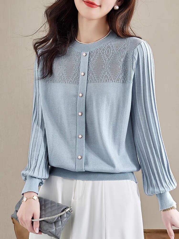 Lace spliced ​​puff sleeve sweater for women age-reducing fashion beautiful shirt thin fashion T-shirt top