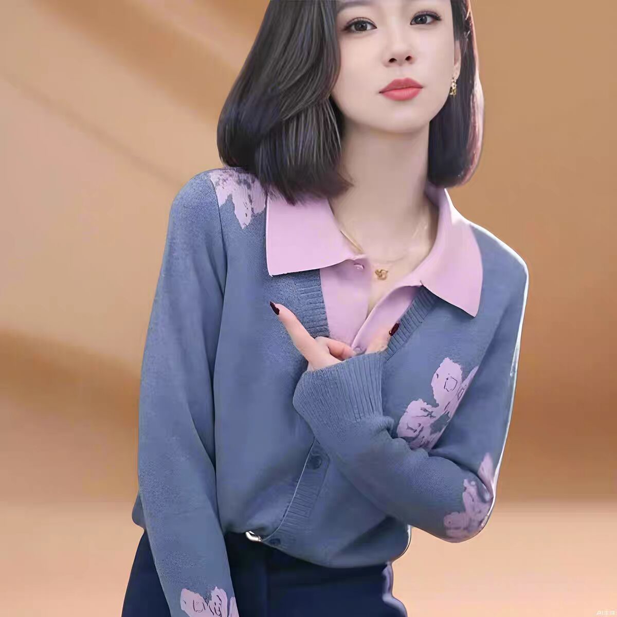 Fashionable jacquard contrasting color fake two-piece knitted cardigan for women's spring Korean style long-sleeved sweater