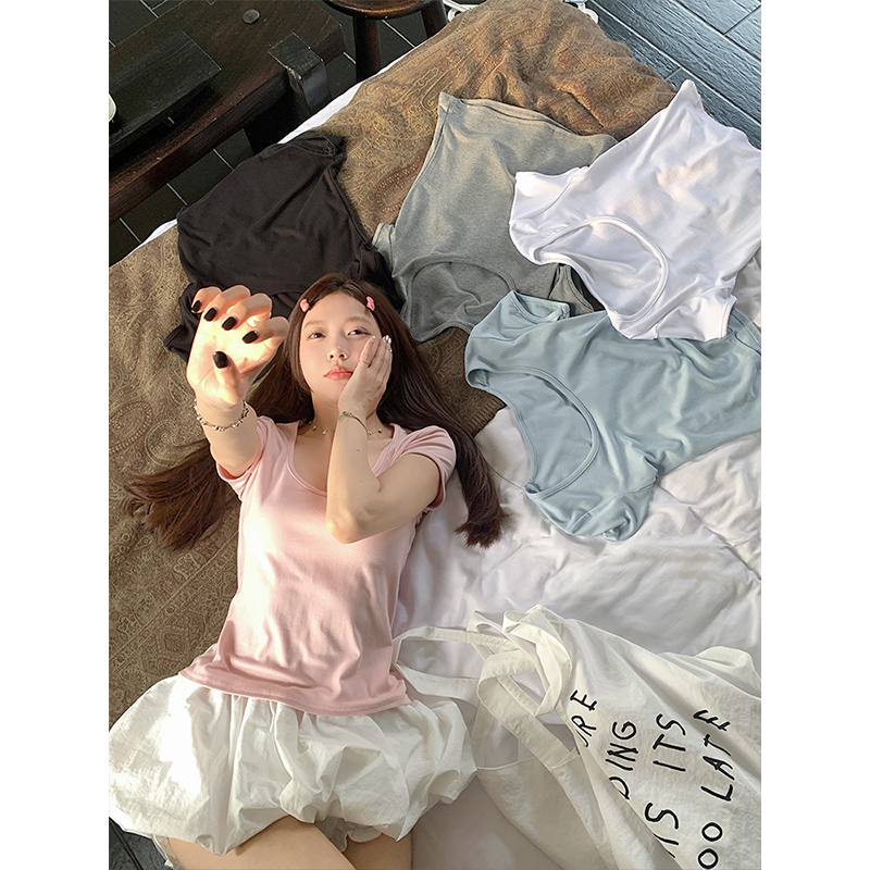 Real shot - U-neck, shoulder, short-sleeved T-shirt for women in summer new pure cotton slim fit and sexy hot girl short top