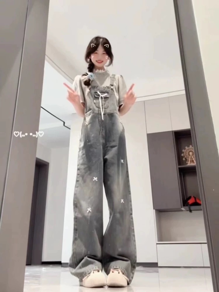 Bow lace webbing iron diamond washing denim overalls for women's spring and autumn ballet style loose straight wide-leg trousers