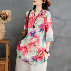 實拍 棉麻女裝夏新款復古苧麻印花小V領寬鬆百搭套頭襯衫女